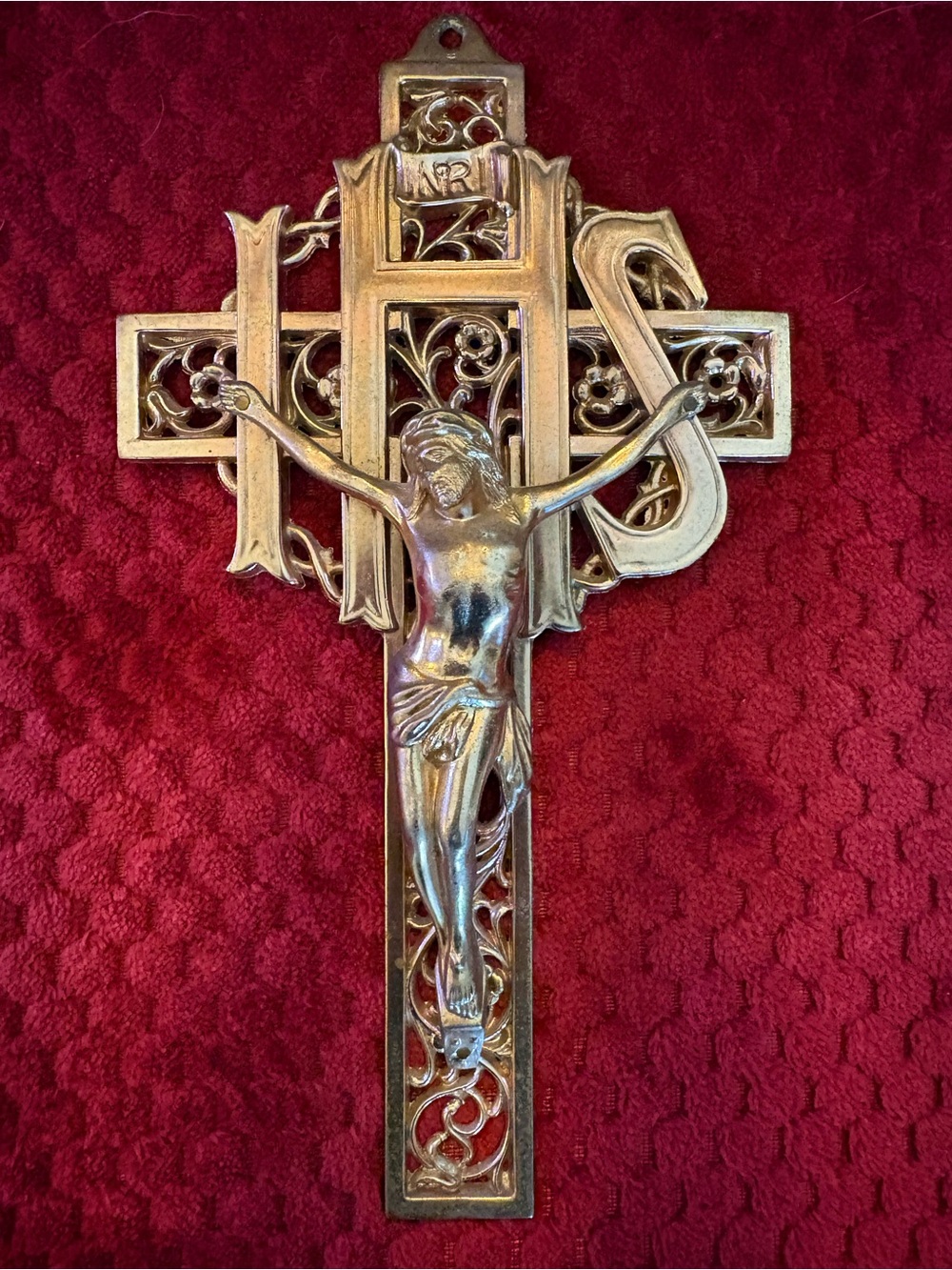 Vintage Solid Brass IHS Crucifix Wall Cross 11” Ornate Catholic Religious Gothic
